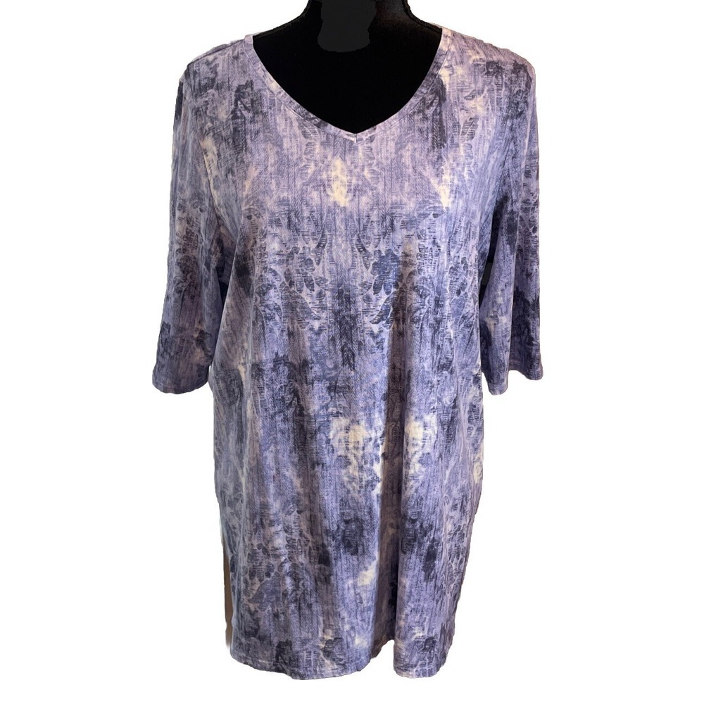 Pure Jill Womens XL Tunic Top Blue Abstract Batik V Neck Elbow Sleeve Boho Chic